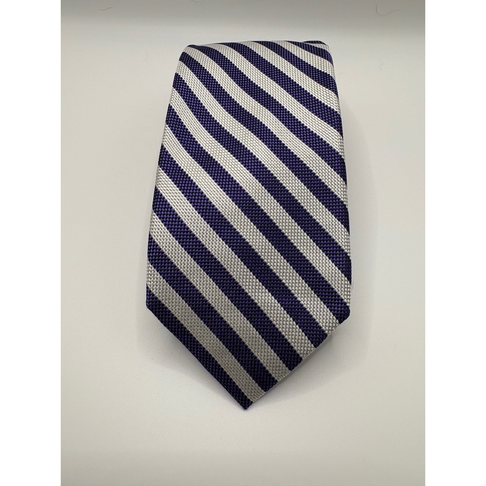 Roundtree & Yorke Trademark Mens Silk Striped Tie Purple Silver Navy Blue